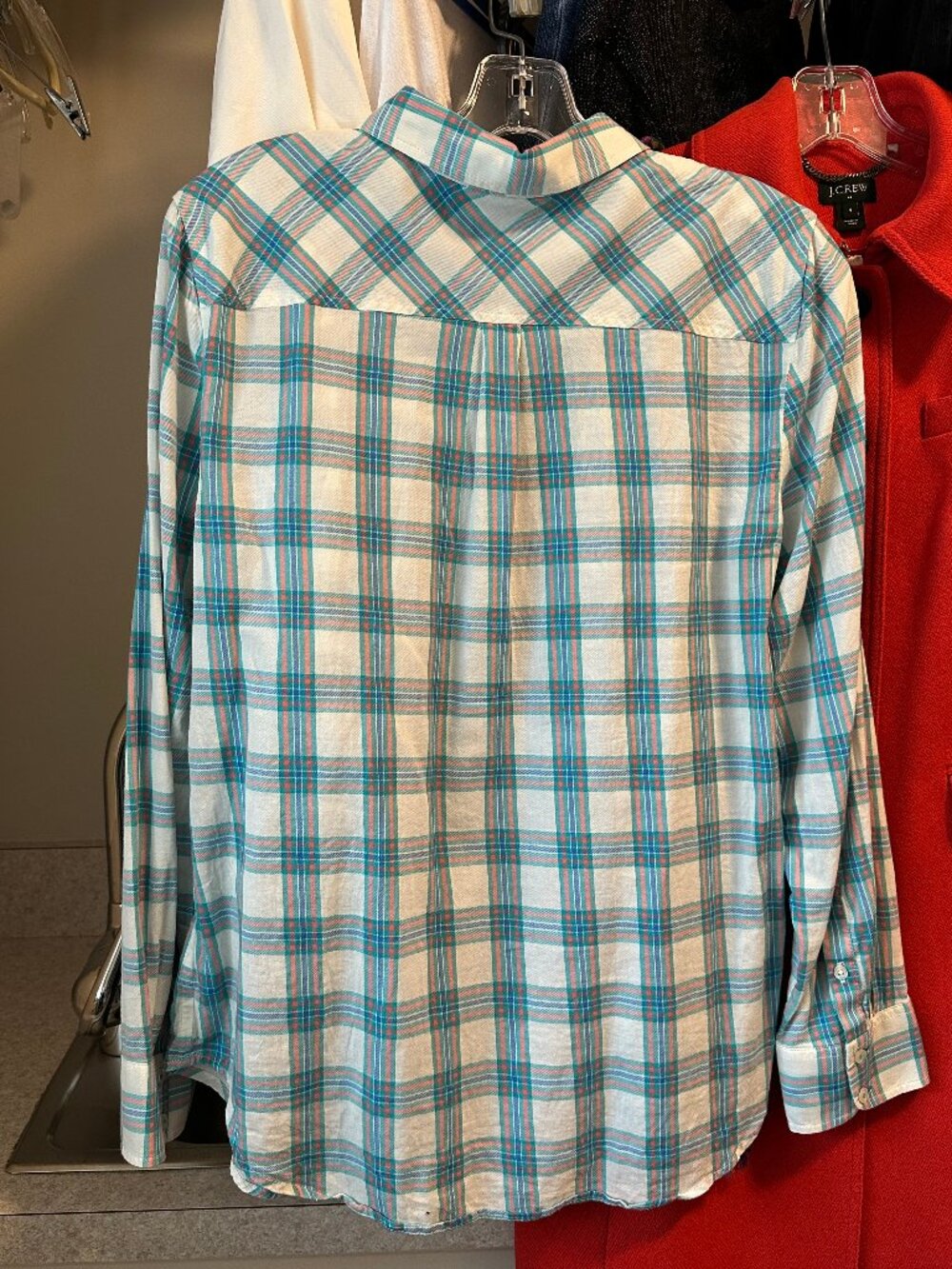Talbots plaid longsleeve button down, turq, coral, dark green, white base, W Med - Picture 3 of 7